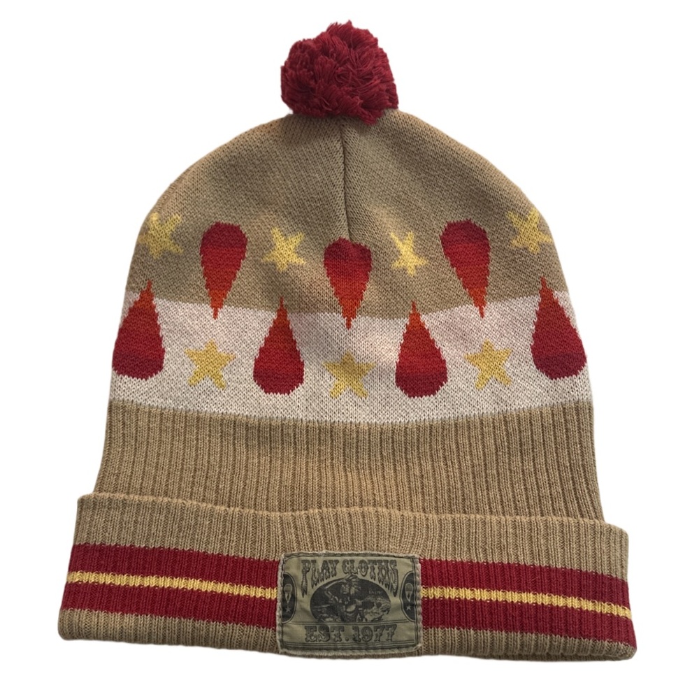 PLAY CLOTHS unisex tan/multi teardrop star graphic patched pompom beanie, O/S.